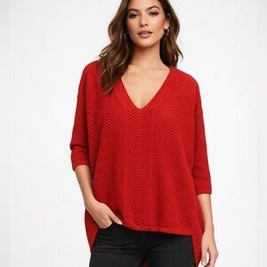 Express Women's Sweater Chevron Pattern Knit V-Neck Red High-Low Hem Size Small